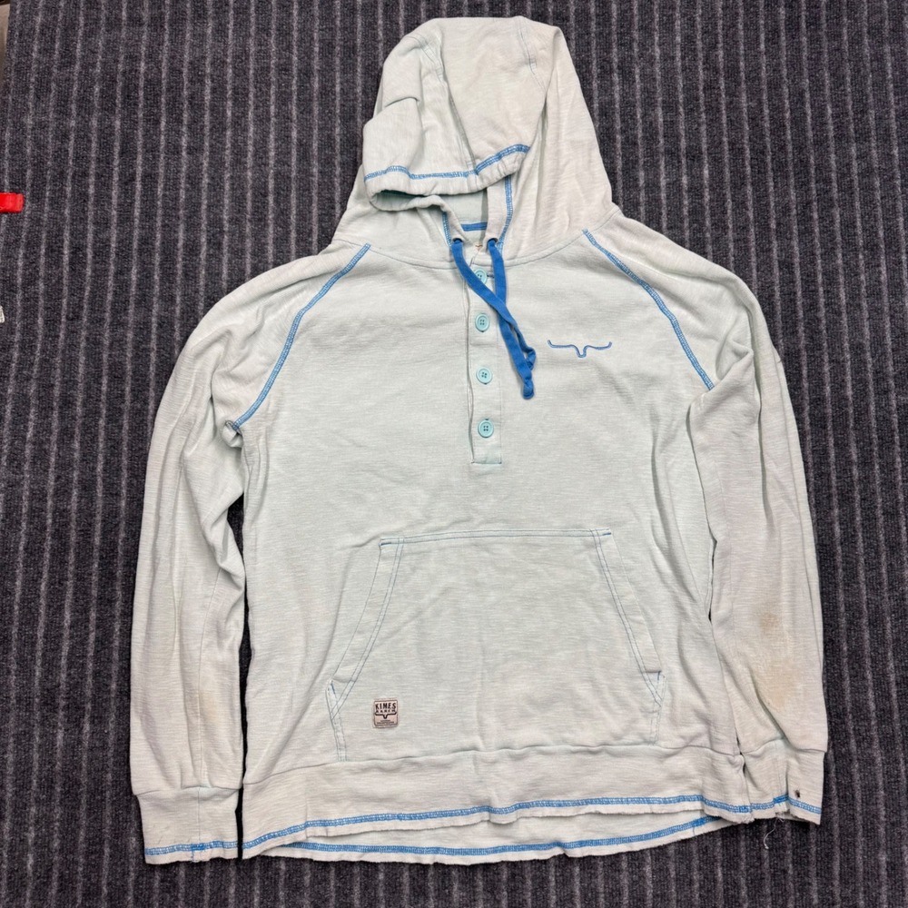 Kimes Ranch Mens Henley Hoodie XL Blue Slub Knit Western Longhorn Pullover